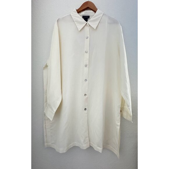 Dialogue Shirt Womens 2X Ivory Button Up Linen Blend L/S Oversized Lagenlook NWT - Picture 2 of 9